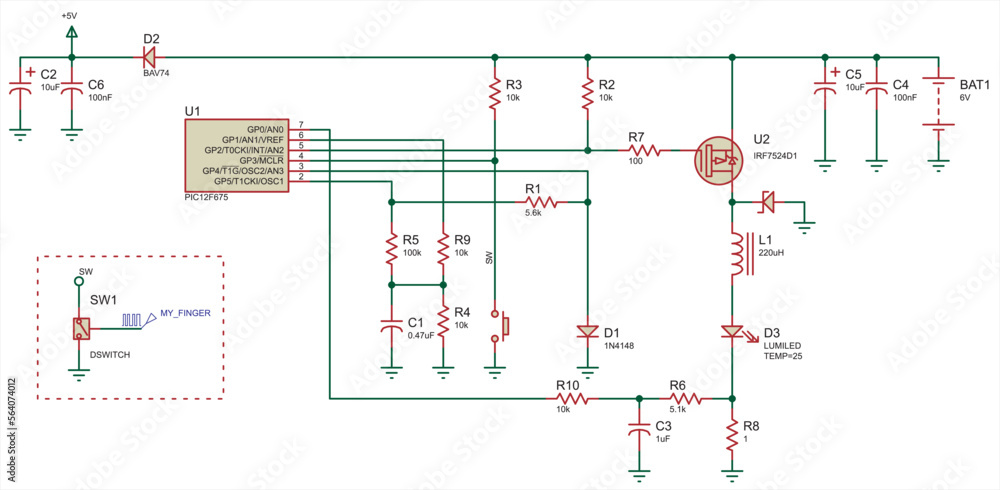 Poster schematic diagram of electronic device. vector drawing electrical circuit with diode, button, resist