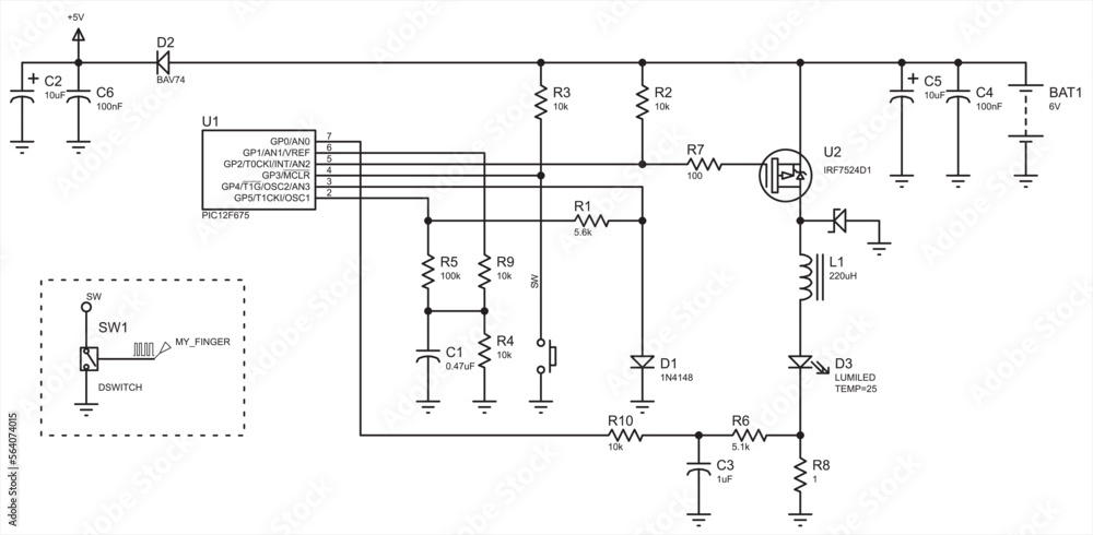 Poster schematic diagram of electronic device. vector drawing electrical circuit with diode, button, resist