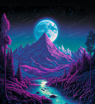 Synthwave digital painting art illustration of a landscape with mountain , river , trees and moonlight ,AI