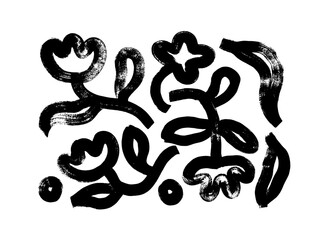 Bold flowers in naive style isolated on white background. Brush drawn tulips silhouettes. Abstract black vector blossoms. Bold curved stems with leaves and buds. Elegant naive spring floral elements. 