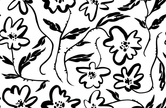 Flowers on curved thin stems seamless pattern. Brush drawn elegant flowers. Spring or summer pattern design. Hand drawn vector botanical ornament. Graphic, sketch drawing. Poppies or chamomiles.
