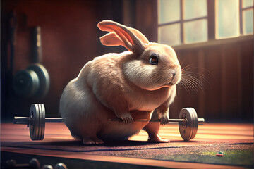 Fluffy rabbit workout in gym with weights. Cartoonish rabbit weightlifting in gym. Fitness concept. 