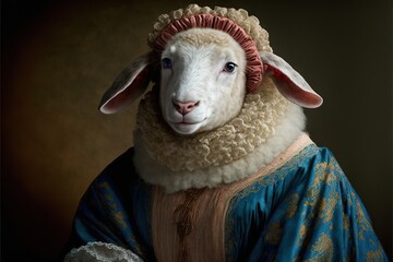Created with Generative AI technology. portrait of a sheep in renaissance clothing - obrazy, fototapety, plakaty