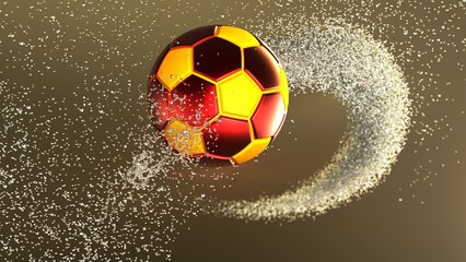 Red-yellow Soccer Ball with Diamond Water Particles under White-Brown Lighting Background. 3D illustration. 3D high quality rendering. 3D CG.