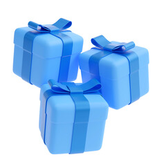 3d illustration. Three blue gift boxes with bows levitate on a white background. 3d render