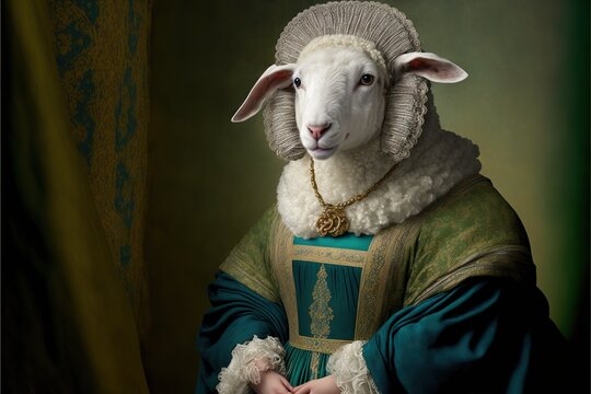 Created With Generative AI Technology. Portrait Of A Sheep In Renaissance Clothing