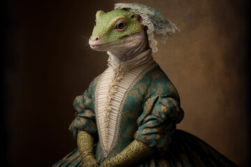 Created with Generative AI technology. portrait of a lizard, gecko in renaissance clothing - obrazy, fototapety, plakaty