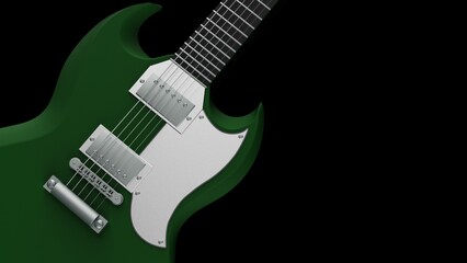 Deep green-silver electric guitar under black background. Concept 3D illustration of legendary rock band, advanced performance techniques and composing activities.