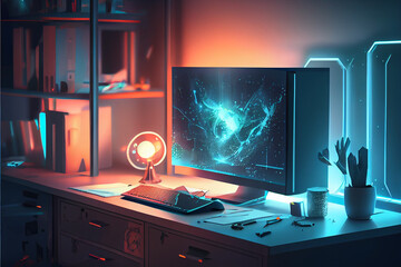 Futuristic workspace with hologram computer. Desktop computer with artificial intelligence background in office and start up theme hologram screen. ai generated illustration