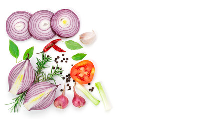 Composition of various herbs and spices vegetables rosemary pepper onion, garlic, tomato fresh red chili, and garden mix for healthy food. isolated on white background, top view
