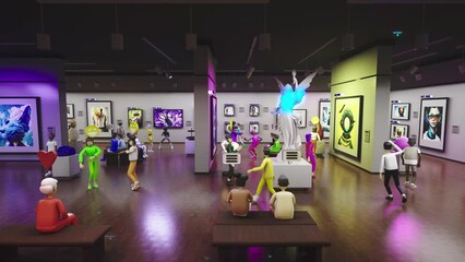 Exhibition of NFT pictures in meta universe. 3D avatars with emotions icons spend time in futuristic immersive virtual museum. Technologies of future. Metaverse, cyberspace and digital world concept. - Powered by Adobe