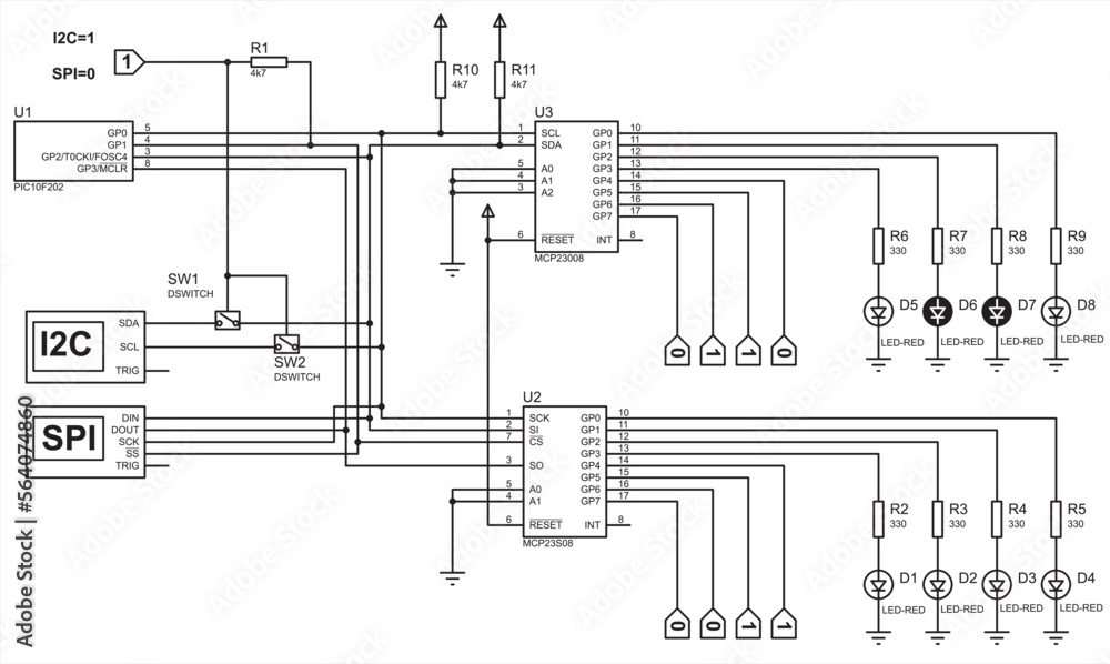 Poster schematic diagram of electronic device. vector drawing electrical circuit with led, button, resistor
