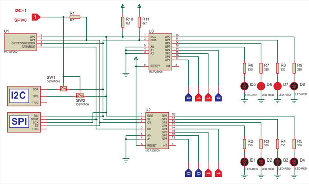 Schematic diagram of electronic device.
Vector drawing electrical circuit with led, button, resistor, 
microcontroller, data transfer interface (i2c and spi)
and other electronic components.
