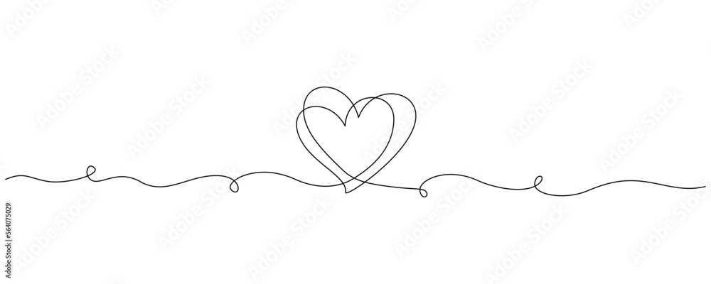 Poster one continuous line drawing of couple hearts and love symbol. thin curl border and romantic symbol i