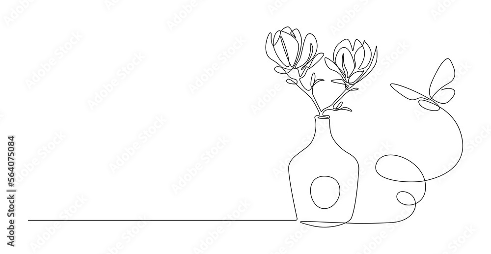 Poster one continuous line drawing of butterfly with flower. thin curl border and flying wing symbol in sim