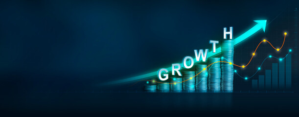 Columns of coins and lines of economic growth with the word GROWTH against a dark blue background