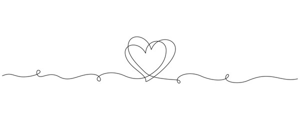 Fototapeta One continuous line drawing of couple hearts and love symbol. Thin curl border and romantic symbol in simple linear style. Editable stroke. Modern Doodle vector illustration obraz