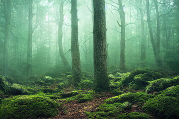 Obraz premium foggy and misty forest landscape
