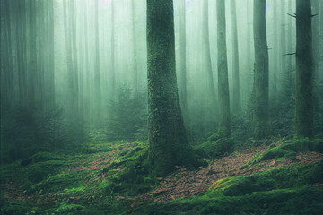 Obraz premium foggy and misty forest landscape