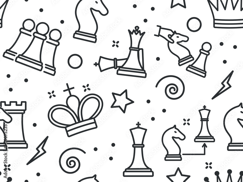 Poster chess line seamless pattern. repeating design element for printing on fabric. game of logic and inte