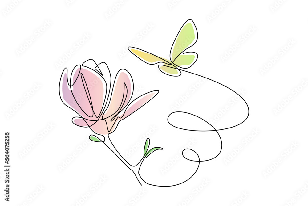 Poster one continuous line drawing of butterfly with flower. thin curl border and flying wing symbol in sim