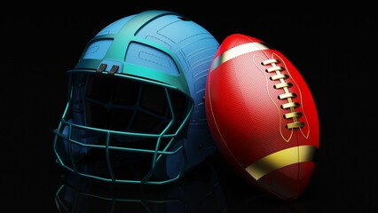American football Blue helmet and Gold-Red Ball under foggy black laser lighting. 3D illustration. 3D CG. 3D high quality rendering.