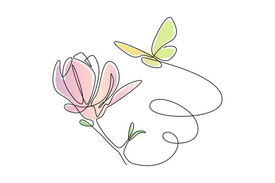 One continuous line drawing of butterfly with flower. Thin curl border and flying wing symbol in simple linear style. Editable stroke. Modern Doodle vector illustration