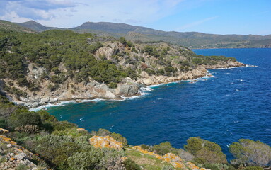 Naklejka na ściany i meble Wild rocky coast of the Mediterranean sea on the Costa Brava in Spain, Catalonia, Alt Emporda