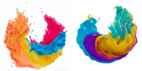 collection of vibrant splashes of colorful acrylic brush paint in an abstract design, isolated on a white background. High resolution Generative AI.	