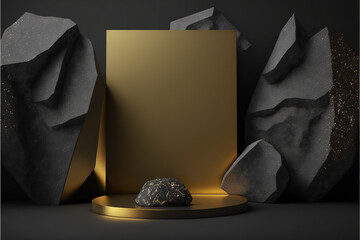 Minimal and Elegant product placement Mock up, background on golden black marble wall, platform stage mockup, golden fissure , Black marble