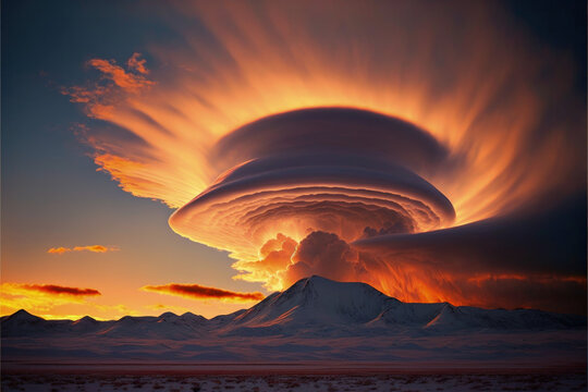 epic scenic sunset sunrise in the lenticular clouds, golden hour orange and red, dramatic, sky replacement landscape photography	
