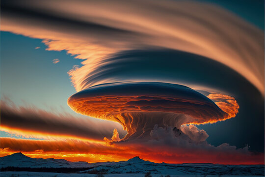 epic scenic sunset sunrise in the lenticular clouds, golden hour orange and red, dramatic, sky replacement landscape photography	

