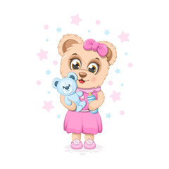 Obraz na płótnie Canvas Cute cartoon bear with a soft toy teddy bear and baby bottle