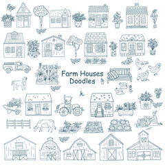 Fototapeta na wymiar Farm houses and buildings doodle set collection, outline cartoon vector illustrations