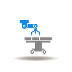 Vector illustration of robot surgical arm and operating table. Icon of medicine operations. Symbol of medical operation.