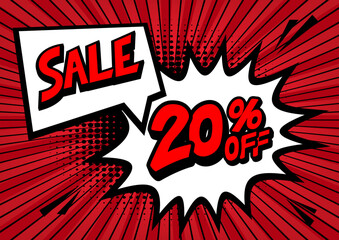 20 Percent OFF Discount on a Comics style bang shape background. Pop art comic discount promotion banners.
