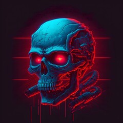 Red Neon Skull with Glowing Red Eyes