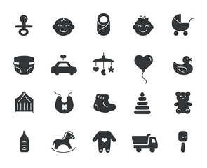 Child black icons set. Collection of graphic elements for website. Toys, diapers, rompers and stroller with bundle. Boy and girl. Cartoon flat vector illustrations isolated on white background