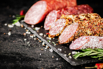 An assortment of delicious salami sausage on a stone board with rosemary. 