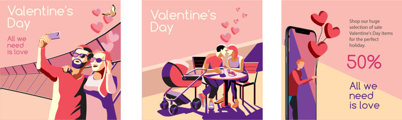 Lovely romantic template, card, banner, letter with happy lovers, pair. Vector illustration