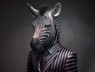 Portrait of a zebra in a stylish business suit on the background of a big city. created by AI