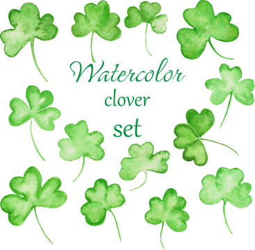  Watercolor St.Patrick's day set with green clover. Hand drawn illustration. Vector EPS.