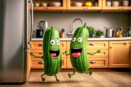 Cheerful Funny Cartoon Cucumbers Dancing In The Kitchen. Vegetable Healthy Food Concept. Generative AI