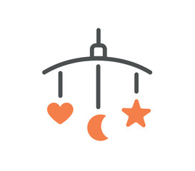 Child toys for bed icon. Pendant with heart, month and star. Sleep, comfort and coziness in apartment, decoration for childrens room. Sticker for social networks. Cartoon flat vector illustration