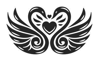 Love symbol. Tattoo with two swans wings and heart shape. Isolated on white background. Design element for wedding invitation or marriage greeting card. Vector illustration