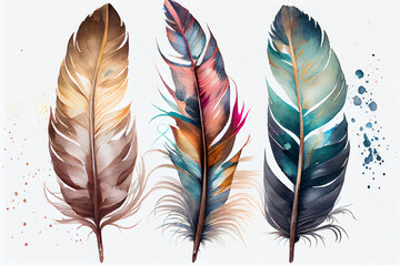 Set of watercolor bird feathers. Hand drawn vector illustration