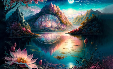 Fantasy wallpaper with fairy tale lake, magical flowers against the backdrop of a starry sky and a huge moon. Magic light. digital art, generative ai