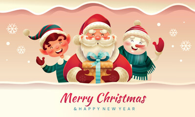 Christmas card banner. Graphic element for website, holiday andfestival, New Year. Winter festival, santa claus with scarf and gift in his hands, elf and snowman. Cartoon flat vector illustration