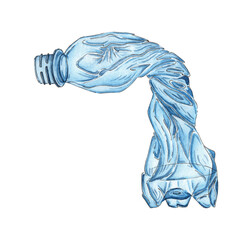 Naklejka premium Watercolor drawing of a blue crumpled plastic bottle. Realistic crumpled empty packaging. Garbage recycling concept, discarded garbage. Symbol of pollution and waste. Let's save the world from plastic