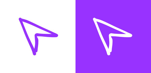 Doodle, scribble web arrow cursor control or point icon. Purple and white pen, pencil or marker handdrawn brutalist click web. (Full Vector)